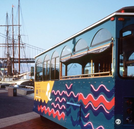 Side view of a trolley car near the river